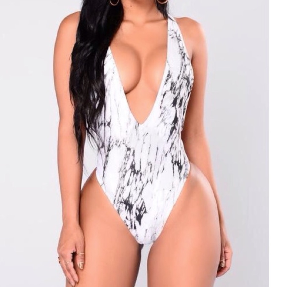 Fashion Nova Marbleous Swimsuit - Black/White